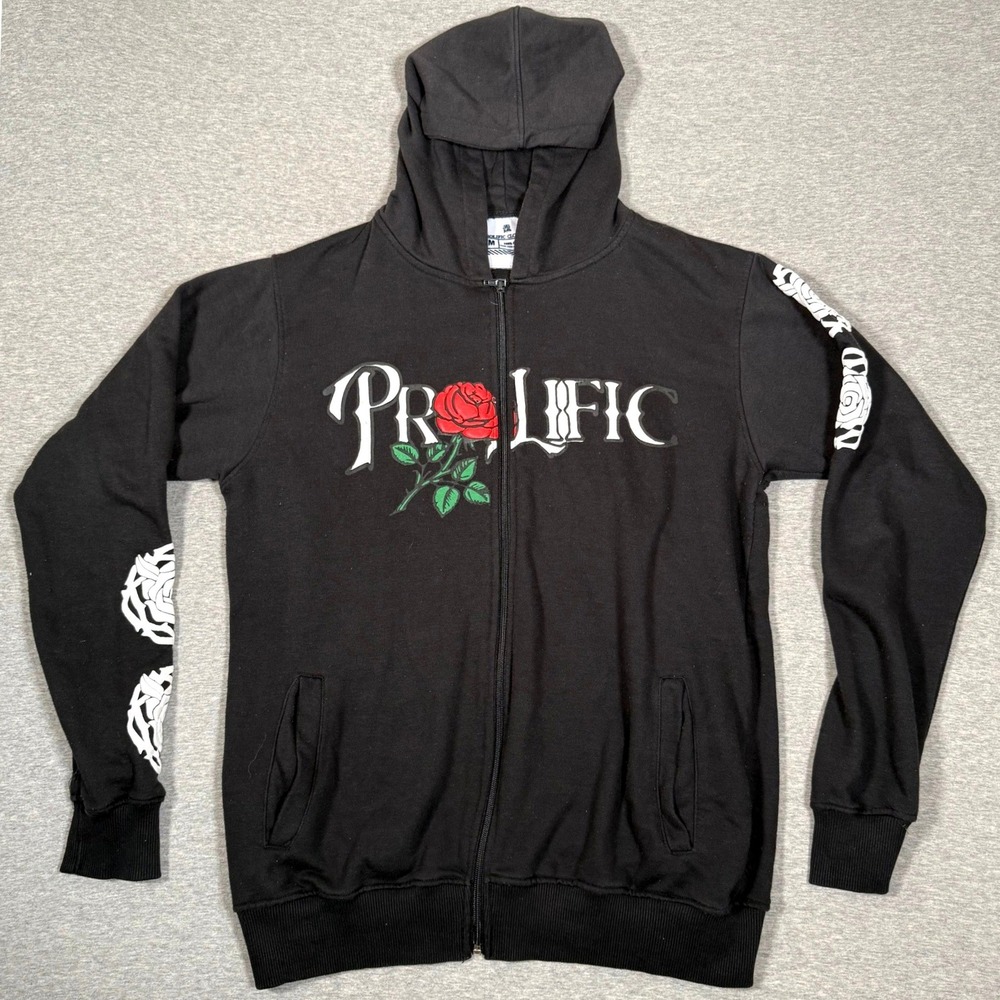 Prolific Clothing Mens Black Rose Graphic Zip Up Hoodie Sweatshirt Size M